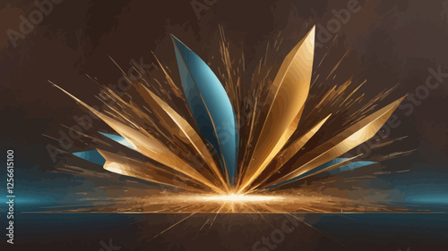 Abstract Lotus Bloom: A radiant abstract representation of a lotus flower, rendered with a breathtaking array of gold and teal tones, symbolizing purity and spiritual enlightenment.