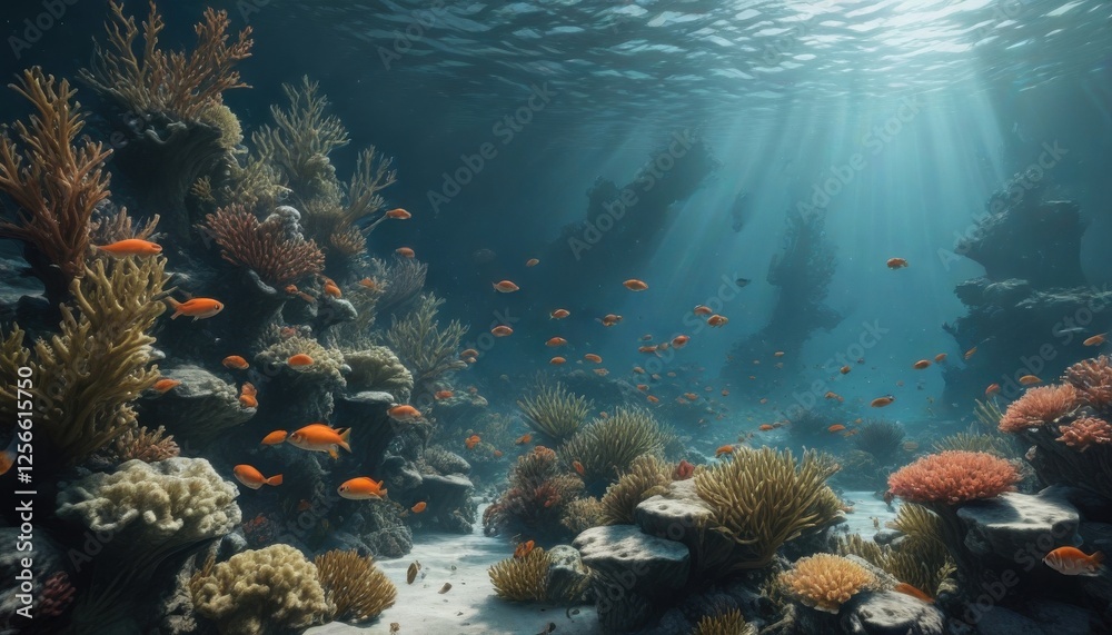 Obraz premium School of fish in seawater with coral and seaweed, coral, ocean