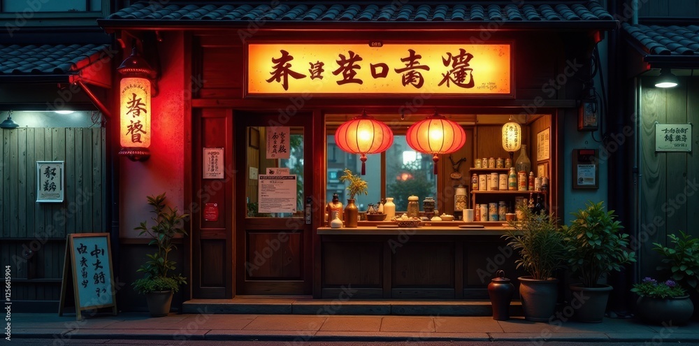 Fototapeta premium Cozy izakaya storefront; traditional noren, illuminated kanji sign, ambiance, kyoto, vintage