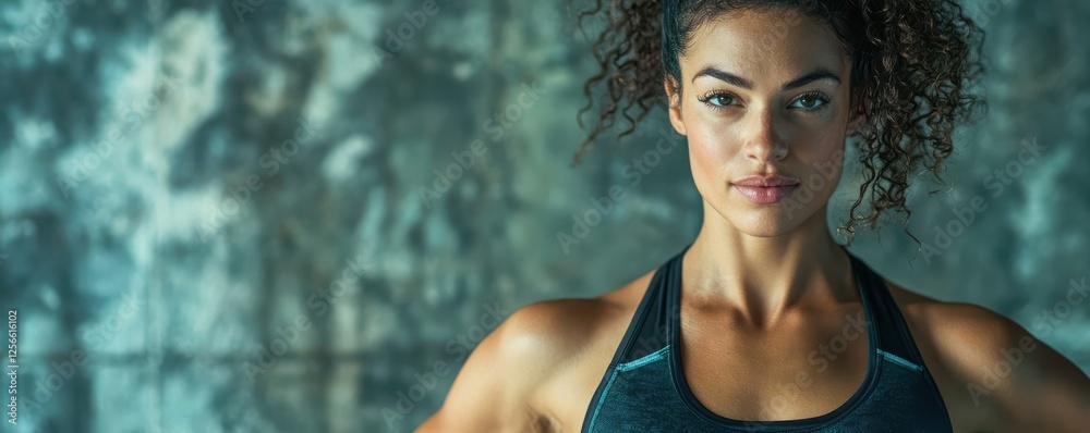 Confident young hispanic female athlete in athletic wear against a textured wall Confident young hispanic female athlete in athletic wear against a textured wall