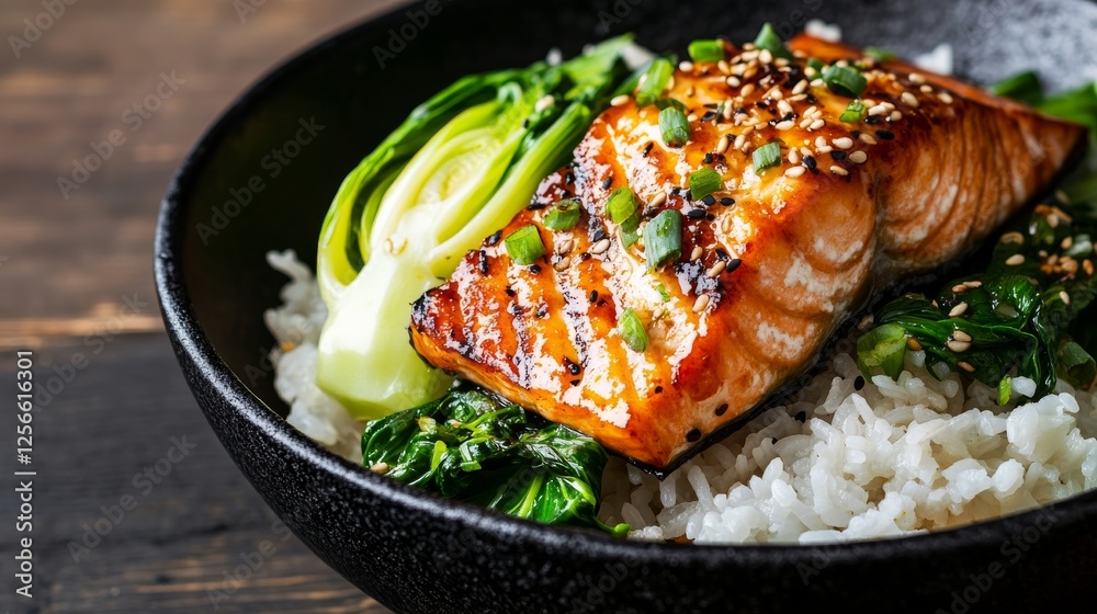 Image of rice and miso-glazed salmon with bok choy in a black stone bowl, emphasizing umami and savory qualities. Ideal for Japanese cuisine and healthy eating. Image of rice and miso-glazed salmon with bok choy in a black stone bowl, emphasizing umami and savory qualities. Ideal for Japanese cuisine and healthy eating.
