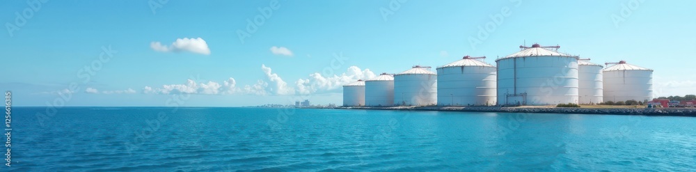 Massive storage tanks stretch across the clear blue horizon , industrial, summer, metal Massive storage tanks stretch across the clear blue horizon , industrial, summer, metal