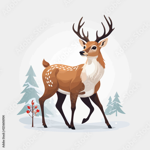 Deer in winter: A majestic deer stands gracefully amidst a winter wonderland, showcasing its impressive antlers, surrounded by softly rendered pine trees and snow.
