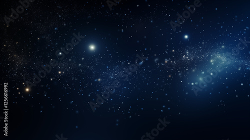 Particules scintillantes et brillantes volant sur fond sombre, noir. Lumière bleuté, paillettes dorées, argentées et flou. Fond pour bannière, création graphique. 