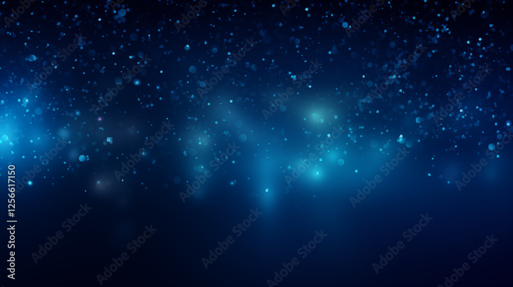 Fototapeta premium Particules scintillantes et brillantes volant sur fond sombre, noir. Lumière bleuté, paillettes dorées, argentées et flou. Fond pour bannière, création graphique. 