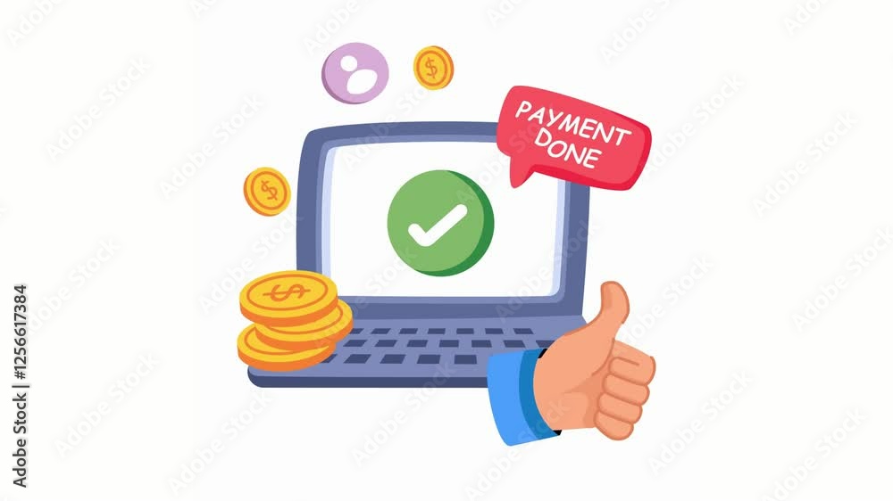Online Payment Successful Laptop Checkmark Thumbs Up Money Transfer Digital Transaction Done Flat Illustration Online Payment Successful Laptop Checkmark Thumbs Up Money Transfer Digital Transaction Done Flat Illustration