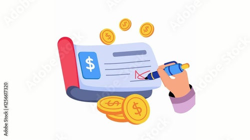 Hand Signing Check with Dollar Coins Flat Vector Illustration Business Finance Concept