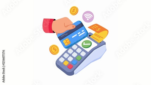 Hand Paying with Credit Card Contactless POS Terminal Vector Illustration.