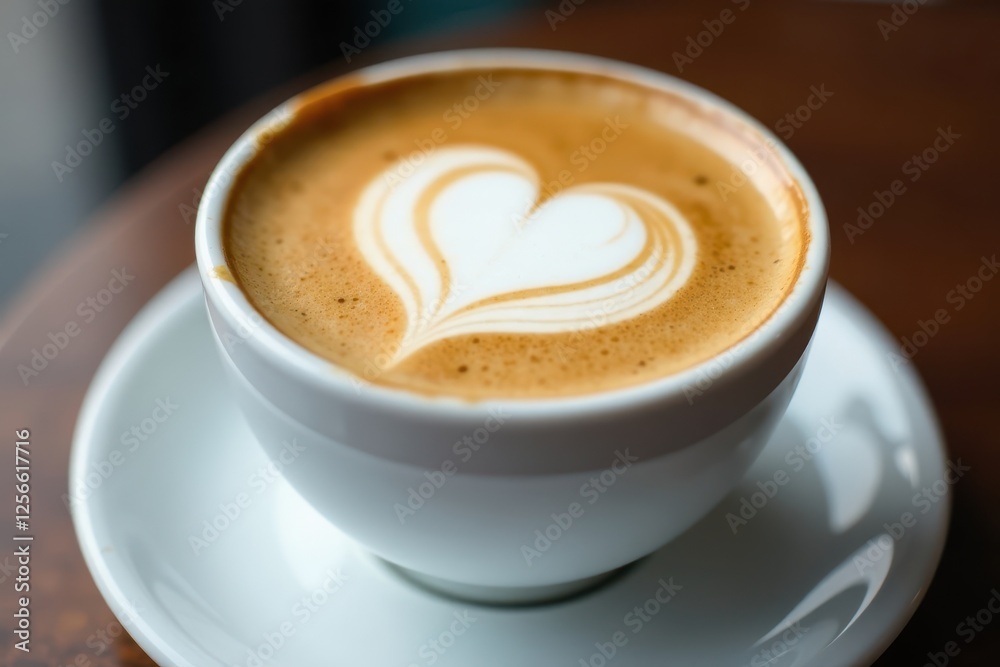 Close-up of heart latte art in a white cup on saucer , white cup, delicious Close-up of heart latte art in a white cup on saucer , white cup, delicious
