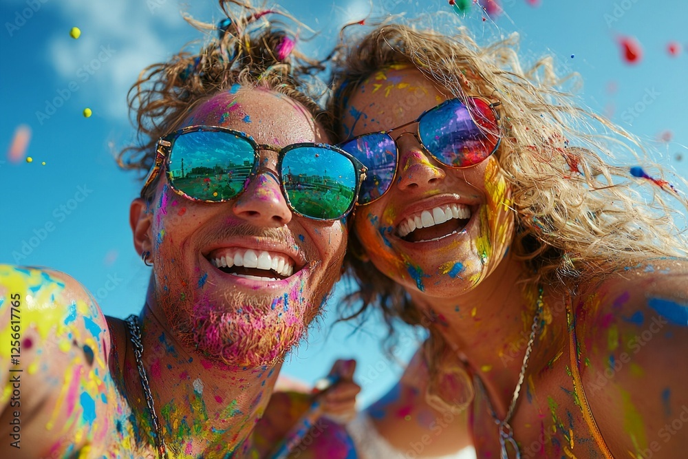 Two creative individuals paint large mural together on sunny afternoon showcasing their bond and artistic flair bright colors reflecting their joy and teamwork.