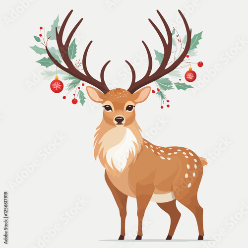 Christmas Deer with Holly and Ornaments: A charming illustration of a reindeer adorned with a festive wreath of holly and Christmas ornaments, embodying the spirit of the holiday season. 