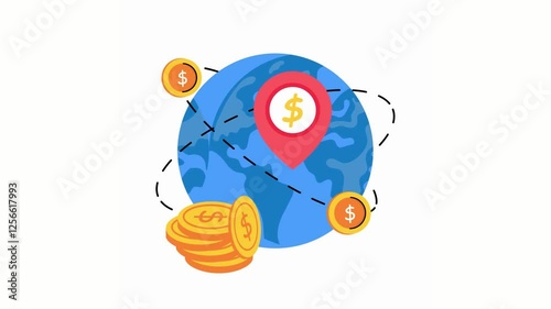 Global Money Transfer Location Pin on Earth with Gold Coins International Finance Flat Vector Illustration