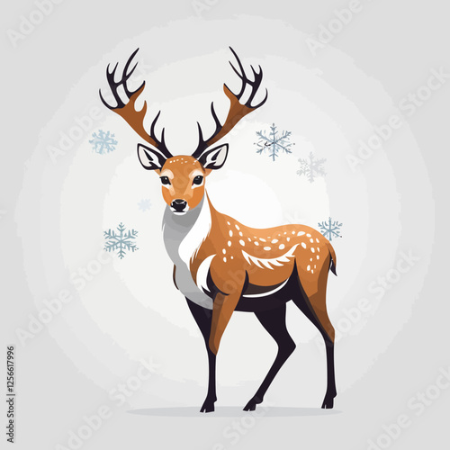 Winter Deer Illustration: A majestic deer, adorned with magnificent antlers and a coat of winter charm, stands gracefully amidst a gentle snowfall.