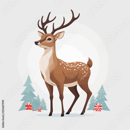 Festive Reindeer Illustration: A charming reindeer stands proudly amidst winter foliage, complete with holiday presents and adorned with striking antlers.