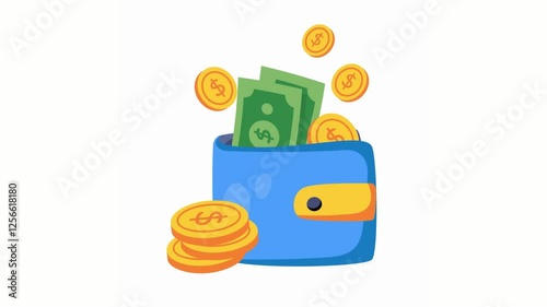 Cartoon Wallet overflowing with Money Coins and Cash Vector Illustration Finance Concept.