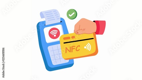 Cartoon Hand Paying with NFC Credit Card at POS Terminal Contactless Payment Illustration.