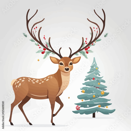 Festive Deer with Christmas Cheer: A charming depiction of a deer adorned with festive decorations and a Christmas tree, perfect for spreading holiday joy.