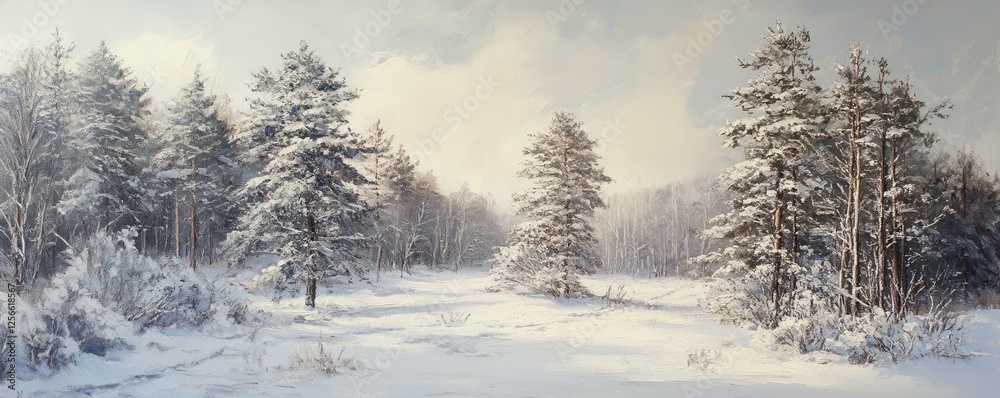 Serene winter landscape with snow-covered trees and a tranquil sky Serene winter landscape with snow-covered trees and a tranquil sky