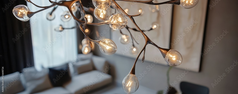 Obraz premium Elegant modern chandelier with artistic bulbs in contemporary living room