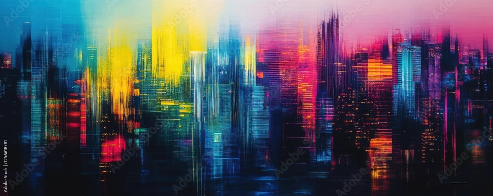 Vibrant abstract cityscape with colorful light reflections at dusk Vibrant abstract cityscape with colorful light reflections at dusk