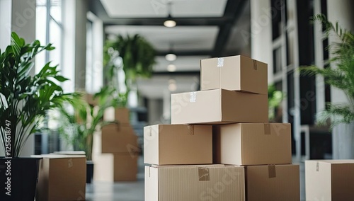 A Modern Office Space Transitioning  Stacked Cardboard Boxes Signal Upcoming Relocation or Organizational Change. photo