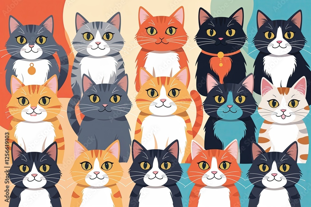 Charming Whimsical Cat Character Compilation in Colorful Flat Illustrations for Adoption and Rescue Charming Whimsical Cat Character Compilation in Colorful Flat Illustrations for Adoption and Rescue