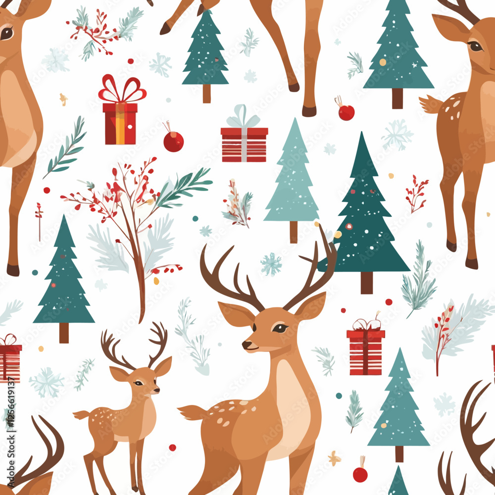 Festive deer pattern: a seamless, delightful pattern featuring charming deer, decorated with whimsical holiday elements, embodying the cheer of the season. Festive deer pattern: a seamless, delightful pattern featuring charming deer, decorated with whimsical holiday elements, embodying the cheer of the season.