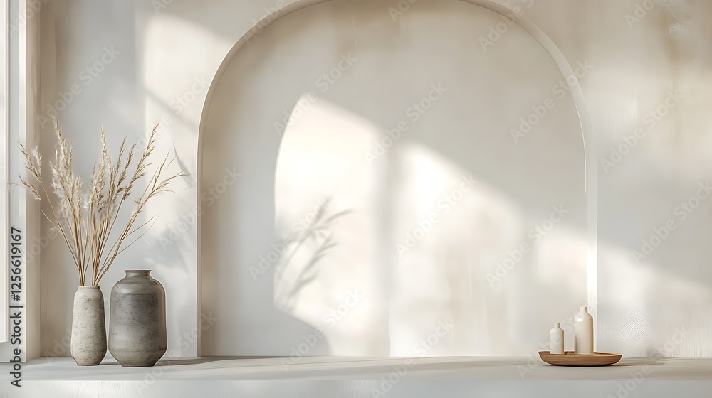 Minimalist Interior Design With Arched Wall And Dried Flowers Minimalist Interior Design With Arched Wall And Dried Flowers