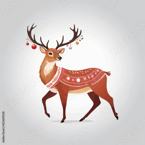Reindeer in a festive sweater: A delightful illustration of a reindeer sporting a festive red and white sweater with Christmas baubles adorning its antlers, perfect for winter holidays.  