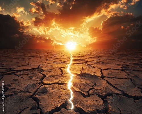 Cracked earth stretching to the horizon, a glowing white void breaking through, heatwaves rippling under a fierce, cloudless sky