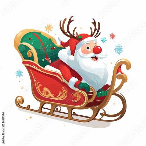 Joyful Santa Claus Riding Sleigh: A cheerful Santa Claus with a rosy red nose, beaming with joy as he sits in a beautifully crafted, ornate sleigh, ready for Christmas delivery.