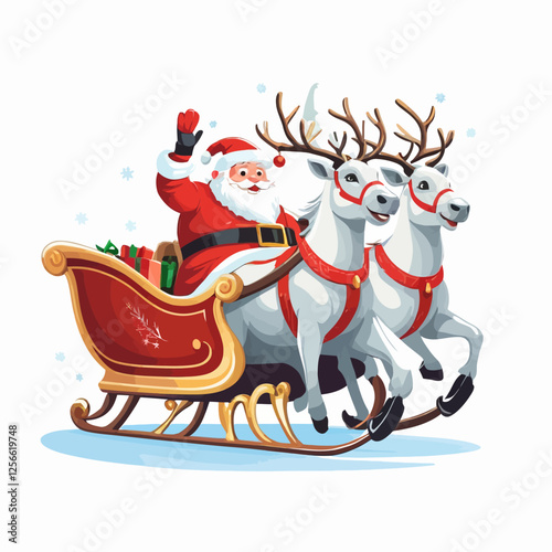 Festive Christmas Ride: Santa Claus waves cheerfully from his sleigh, pulled by two majestic reindeer, laden with gifts and anticipation, promising joy and excitement in the winter snow.