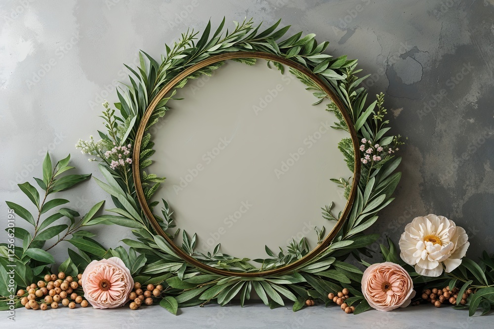 Fototapeta premium Sophisticated Round Botanical Frames Featuring Laurel Wreaths and Floral Accents