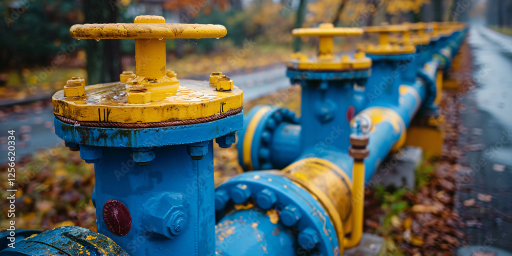 A close-up of gas pipeline connections, showing intricate details of valves and safety markings. A close-up of gas pipeline connections, showing intricate details of valves and safety markings.