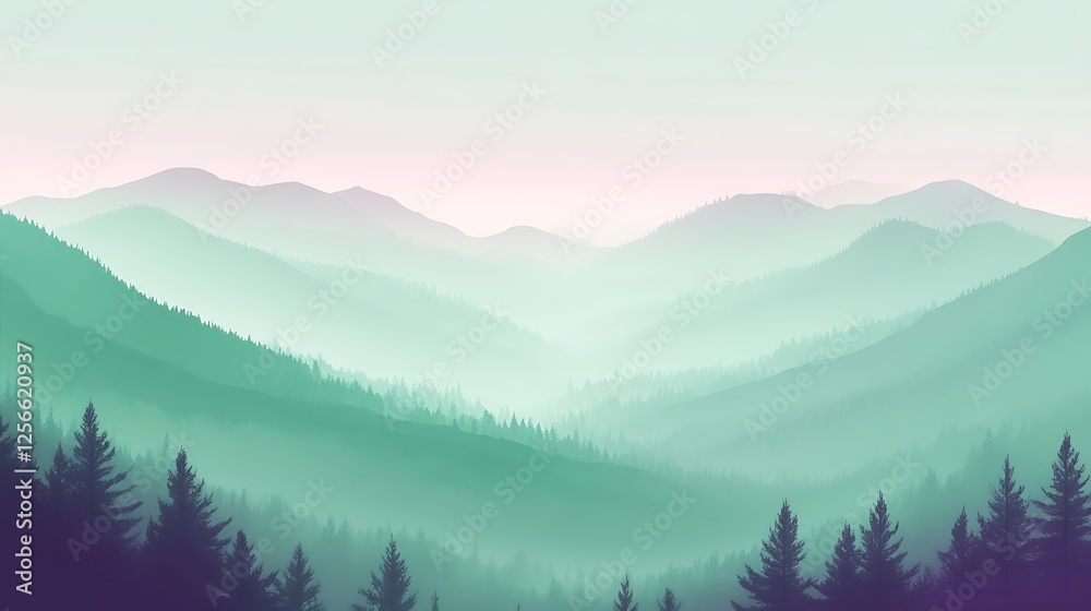 Obraz premium Misty Mountains and Verdant Forests Enveloped in a Pale Hue