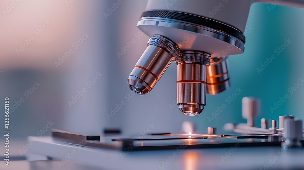 Close-up view of a microscope focusing on a glass slide, with a soft background showcasing a laboratory setting Close-up view of a microscope focusing on a glass slide, with a soft background showcasing a laboratory setting