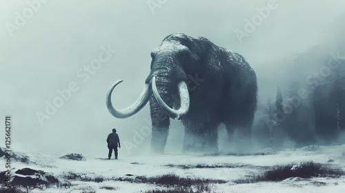 Prehistoric encounter ancient human facing woolly mammoth in misty landscape. Ancient Ice Giants. Illustration photo