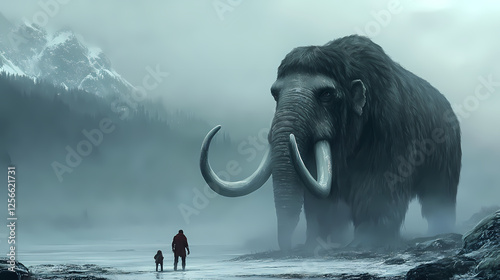 Prehistoric encounter ancient human facing woolly mammoth in misty landscape. Ancient Ice Giants. Illustration photo