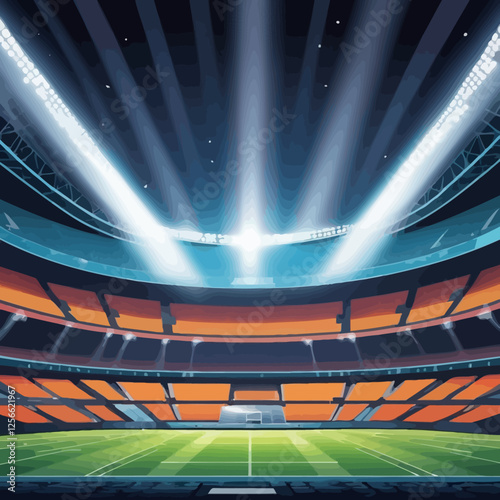 Stadium Lights and Atmosphere: A panoramic view of an empty stadium illuminated by powerful spotlights, with anticipation and excitement hanging in the air, ready for a spectacular game.