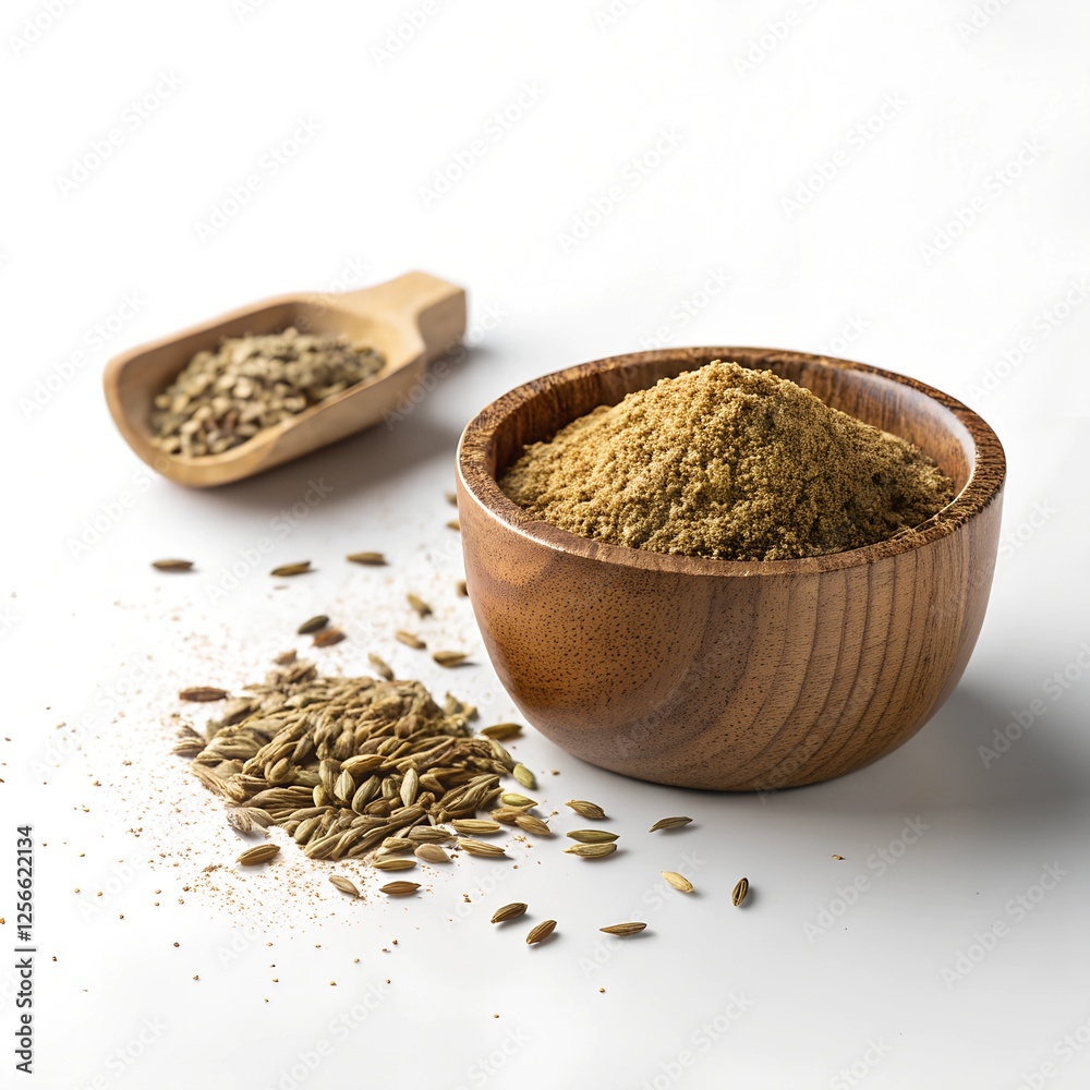 A Minimalist 4K Image of Ground Spices and Whole Spices in a Wooden Bowl on a Pure White Background with Space for Labeling A Minimalist 4K Image of Ground Spices and Whole Spices in a Wooden Bowl on a Pure White Background with Space for Labeling