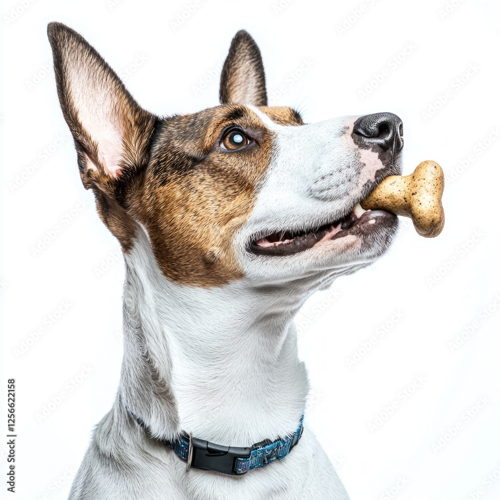 Bull Terrier is happily chewing on bone while standing against bright white background. dog's focused expression adds charm moment of playfulness. Bull Terrier is happily chewing on bone while standing against bright white background. dog's focused expression adds charm moment of playfulness.