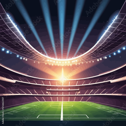 Stadium Spectacle: An impressive, grand stadium, illuminated by powerful spotlights, creating a captivating and vibrant atmosphere.