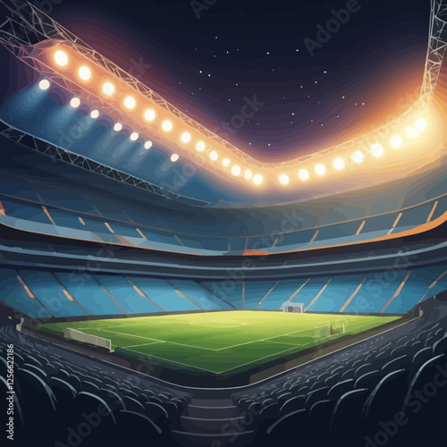 Night Stadium: Floodlights illuminate an empty stadium at night, ready for the upcoming game. The green field is visible, surrounded by empty seats. The anticipation is palpable.