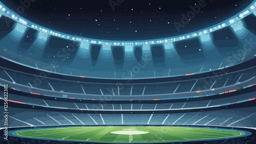 Stadium Under the Lights: A sprawling stadium, bathed in the glow of stadium lights, its vast expanse, captured with detail. Awaiting spectators and players under starry sky.