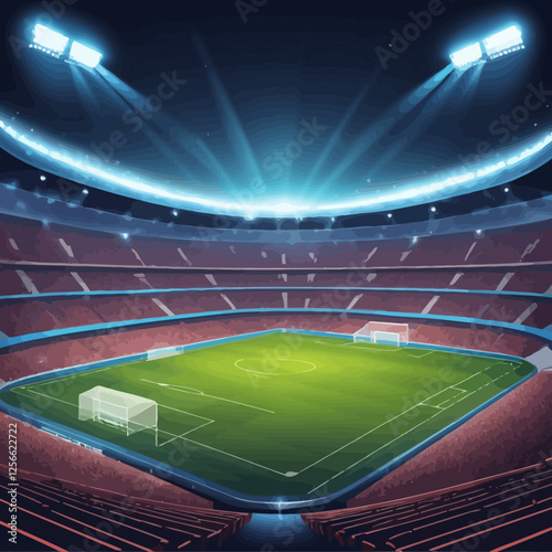 Stadium under the spotlight: Illustrative view of a majestic stadium, its vast expanse illuminated by bright spotlights, highlighting the manicured green pitch, ideal for a grand sporting event. 