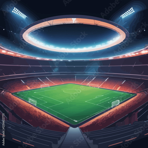 Stadium: Captivating artistic rendering of a grand football stadium, awash in vibrant hues and glowing illumination, ready for a night of exhilarating competition.