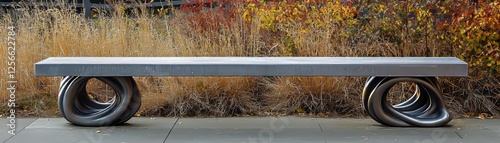 Artistic representation of a reinforced bus bench, metal railings twisted into abstract shapes, hinting at societal rigidity and human adaptation