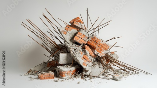 Artistic still life of construction wreckage, layered bricks and jagged steel rods placed carefully, evoking a sense of chaos on a pure white canvas photo