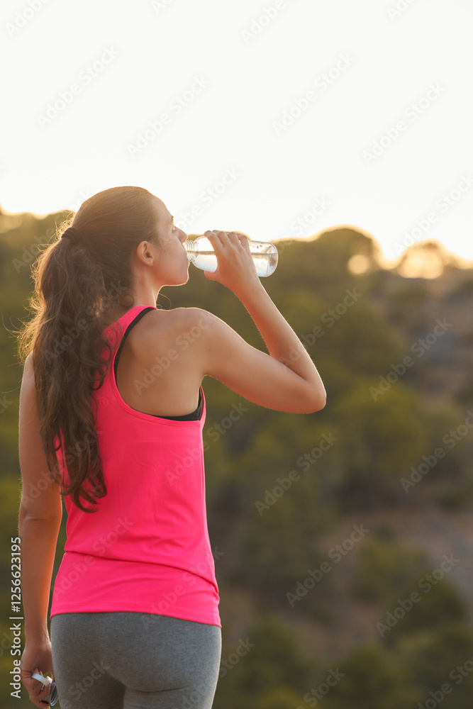 Woman enjoying hydration after outdoor exercise in natural setting during sunset Woman enjoying hydration after outdoor exercise in natural setting during sunset