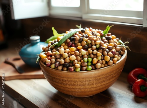 an image of a bowl of beans and peppers on a counter, there is a bowl of beans and peppers on a counter photo